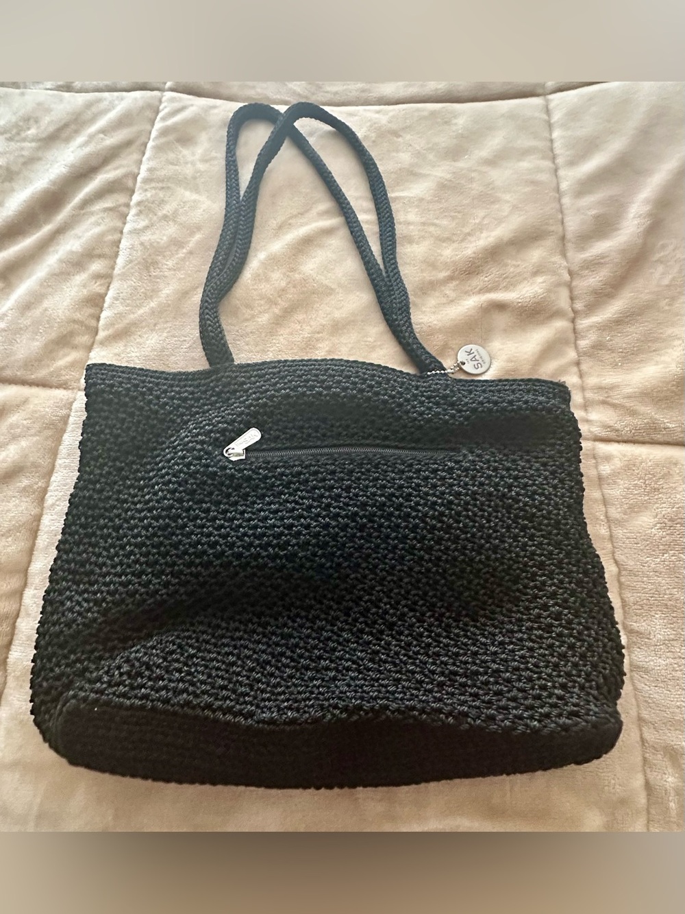 Vintage The Sak- Black Crochet Tote Bag w/ outer/ inner zip pocket and org
